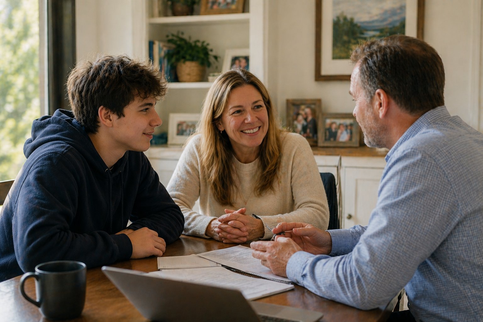 Family discussing college plans together at home