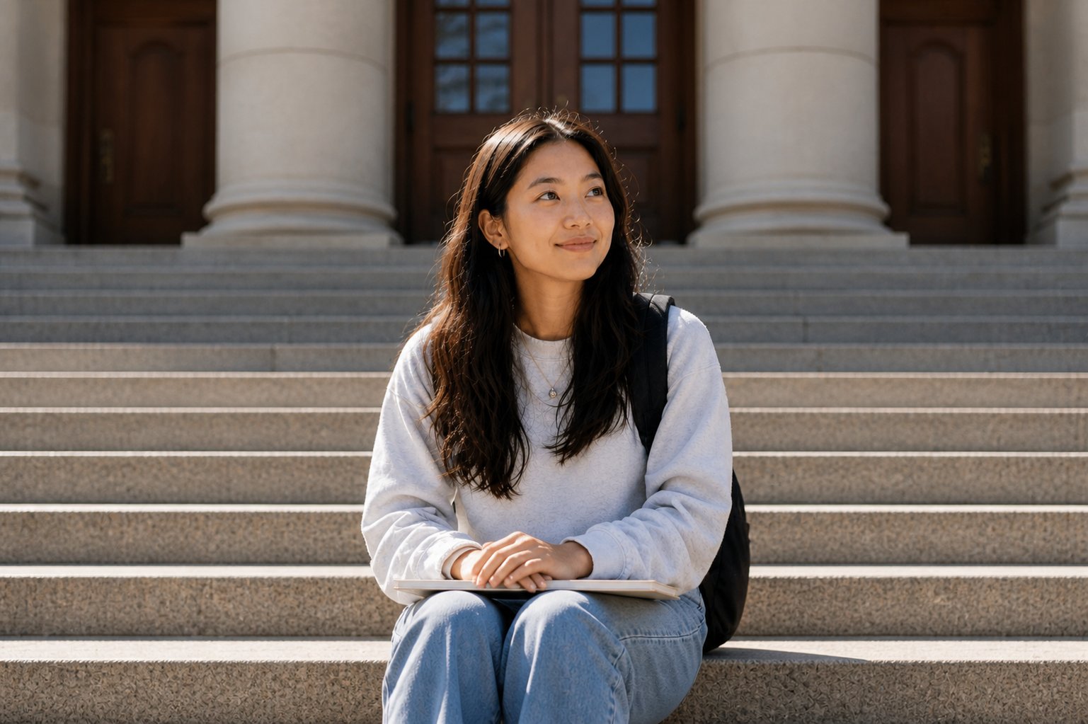 Student sitting on campus steps looking toward the future